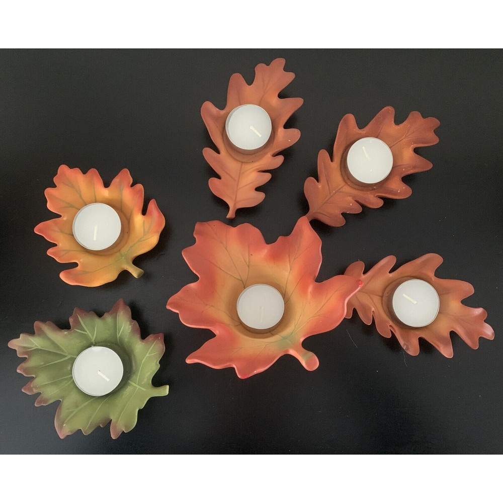 PartyLite Whispering Leaves Candle Holders Fall Autumn 6 Pieces Bisque oak maple